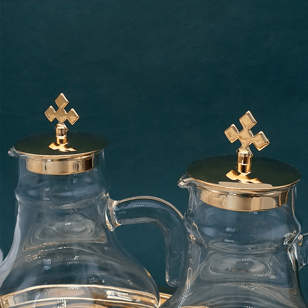 Christiandiscipleshop Elegant Brass-Trimmed Glass Cruet Set with Cross Motif - Traditional Worship Accessories