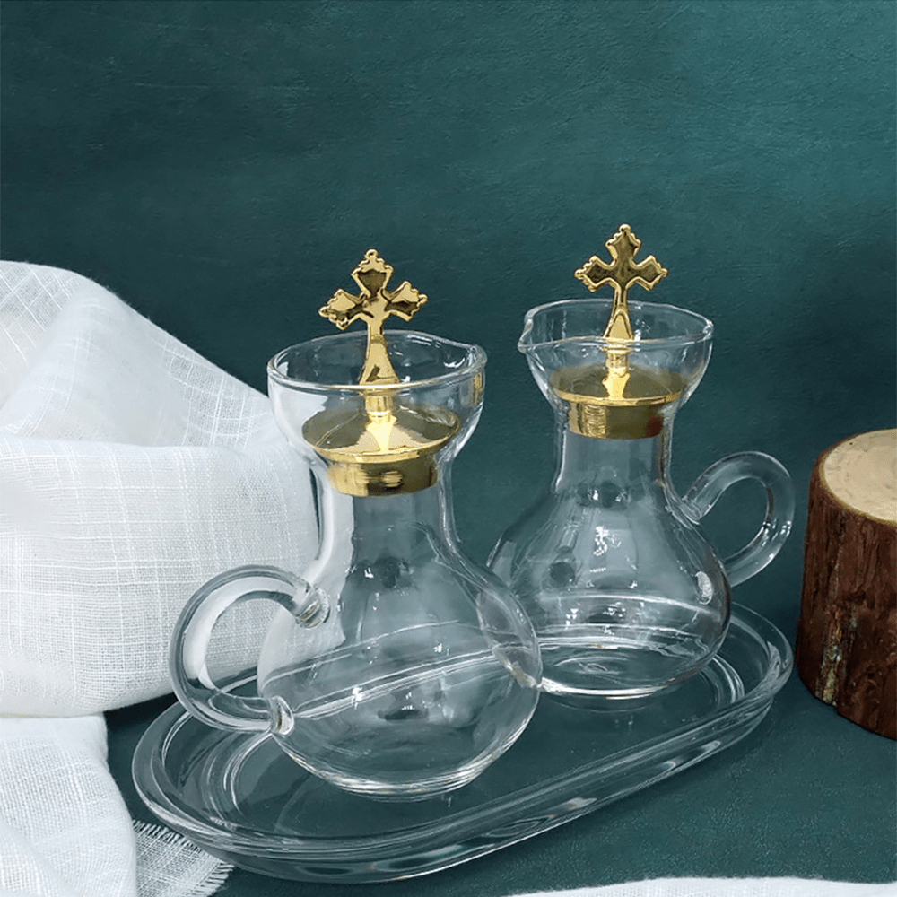 Christiandiscipleshop Graceful Gold-Accented Glass Cruet Set with Cross - Exquisite Sacramental Serveware