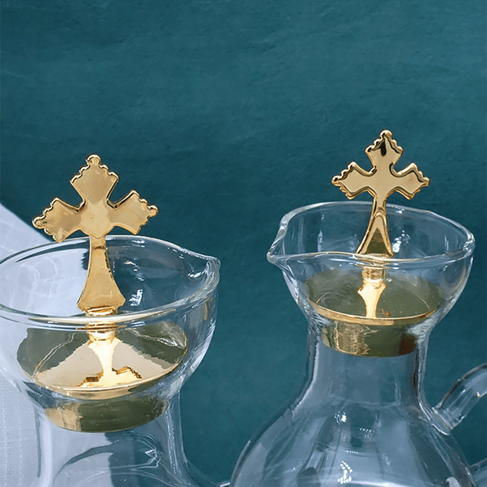 Christiandiscipleshop Graceful Gold-Accented Glass Cruet Set with Cross - Exquisite Sacramental Serveware