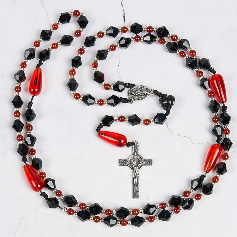 christiandiscipleshop Miraculous Medal & Crucifix of 8 mm Polyhedron Black Red Acrylic Nylon Cord Rosary