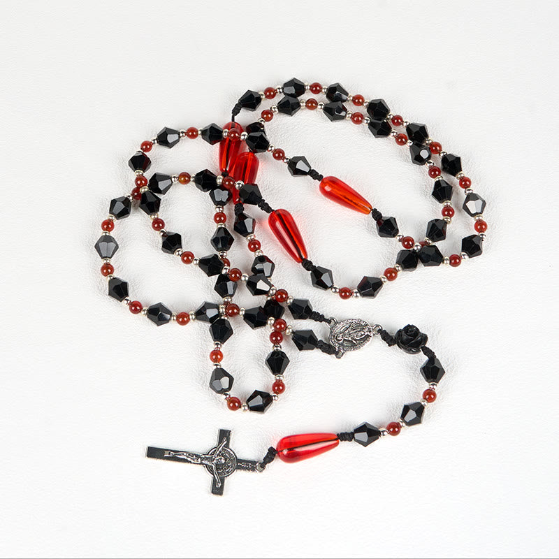 christiandiscipleshop Miraculous Medal & Crucifix of 8 mm Polyhedron Black Red Acrylic Nylon Cord Rosary