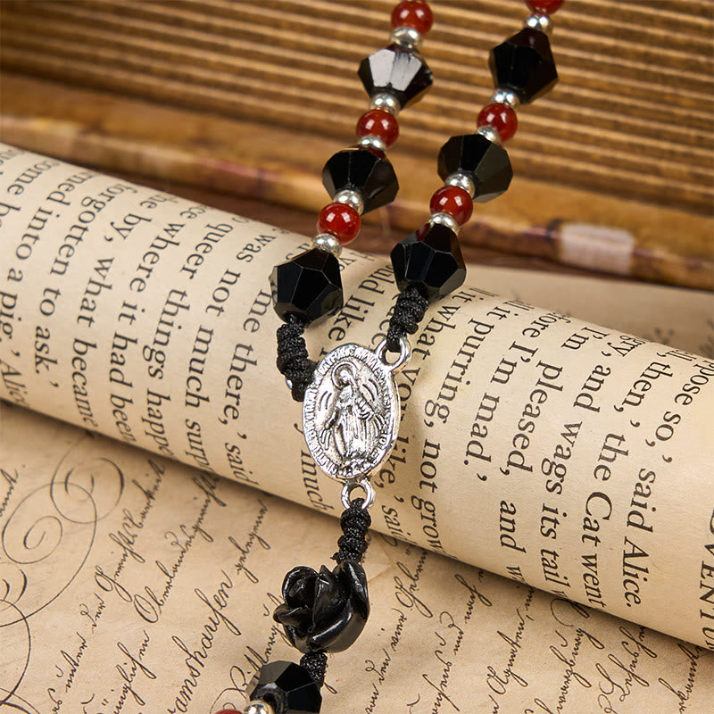 christiandiscipleshop Miraculous Medal & Crucifix of 8 mm Polyhedron Black Red Acrylic Nylon Cord Rosary