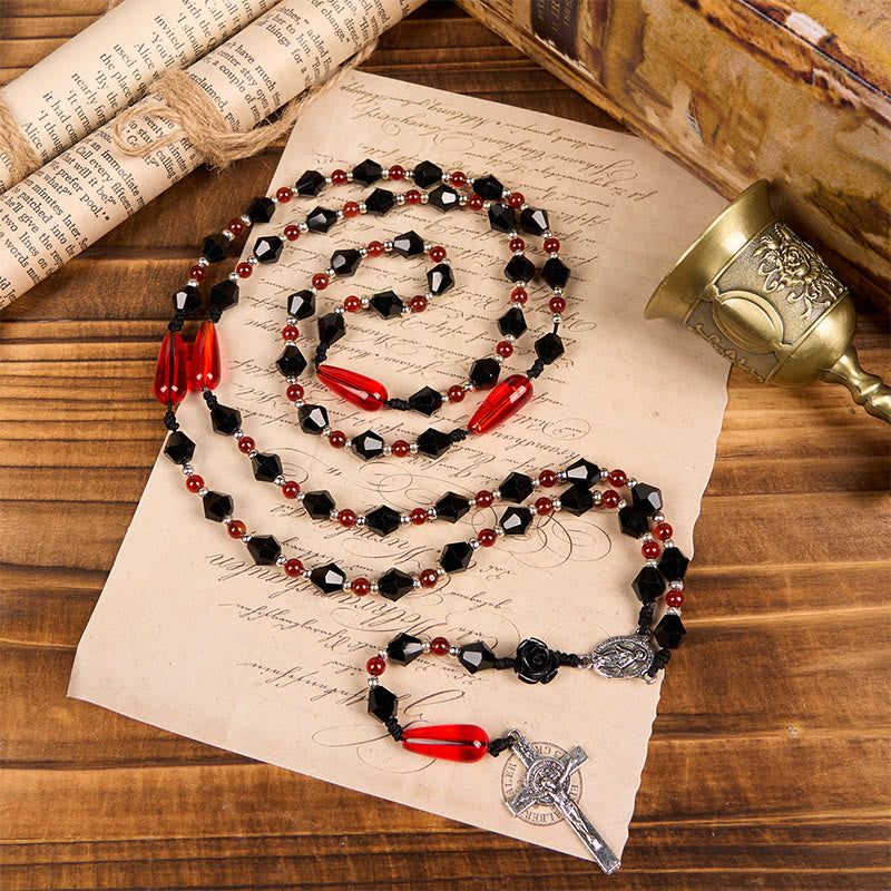 christiandiscipleshop Miraculous Medal & Crucifix of 8 mm Polyhedron Black Red Acrylic Nylon Cord Rosary