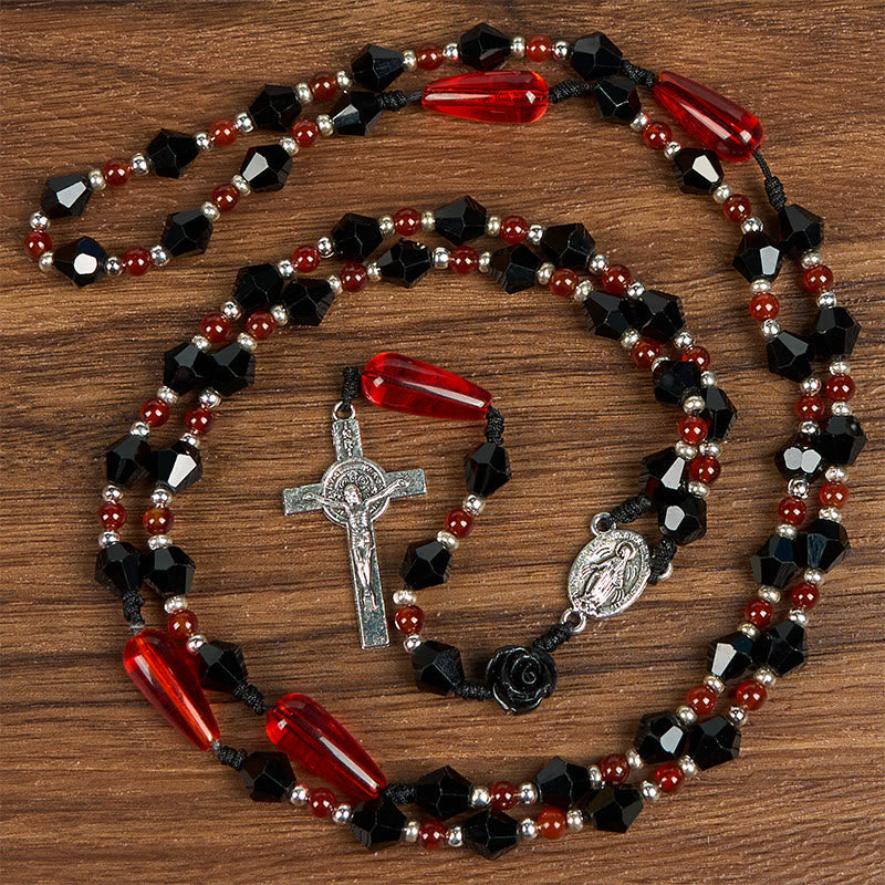 christiandiscipleshop Miraculous Medal & Crucifix of 8 mm Polyhedron Black Red Acrylic Nylon Cord Rosary