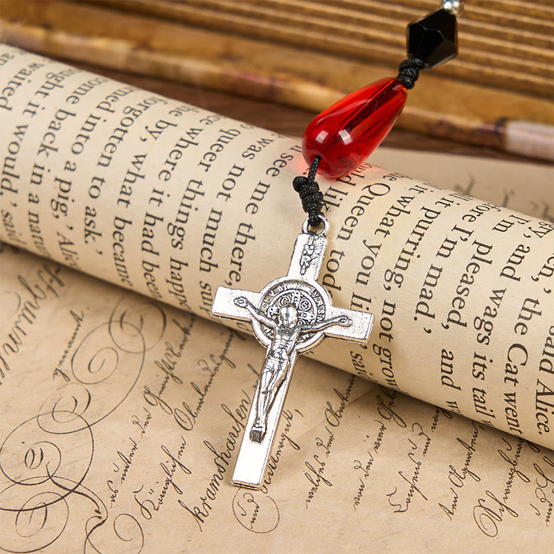 christiandiscipleshop Miraculous Medal & Crucifix of 8 mm Polyhedron Black Red Acrylic Nylon Cord Rosary