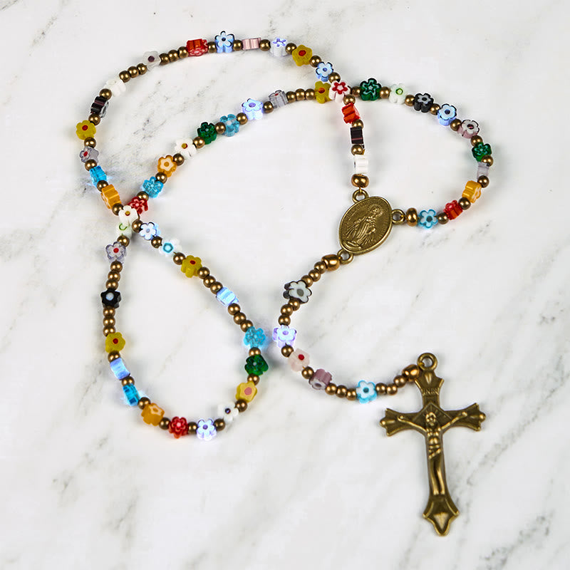 FREE Today: Virgin Mary & Crucifix of 4 mm Colorful Flower Glass Nylon Cord Rosary