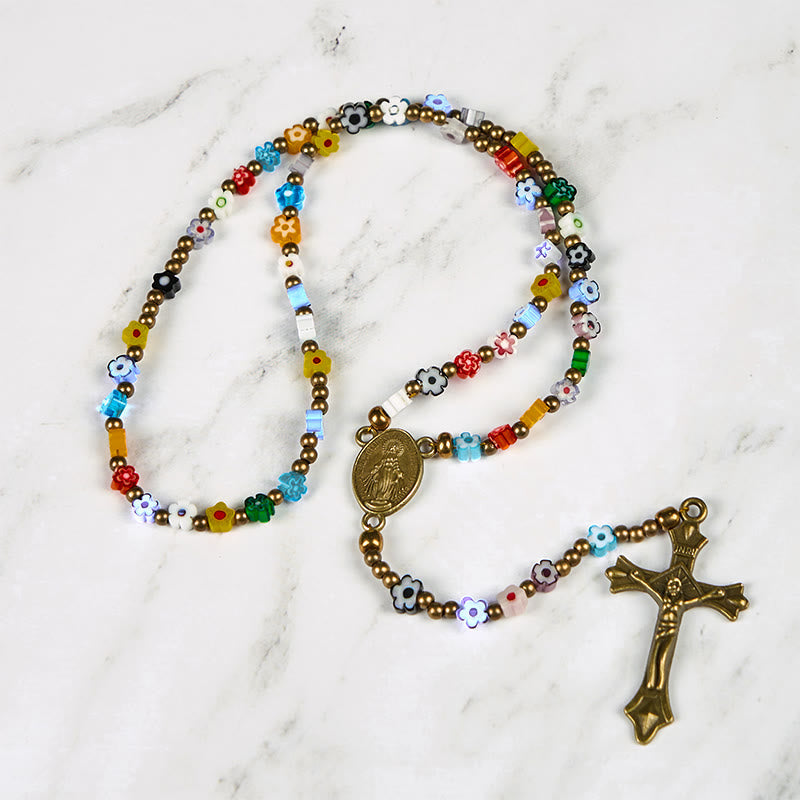 FREE Today: Virgin Mary & Crucifix of 4 mm Colorful Flower Glass Nylon Cord Rosary