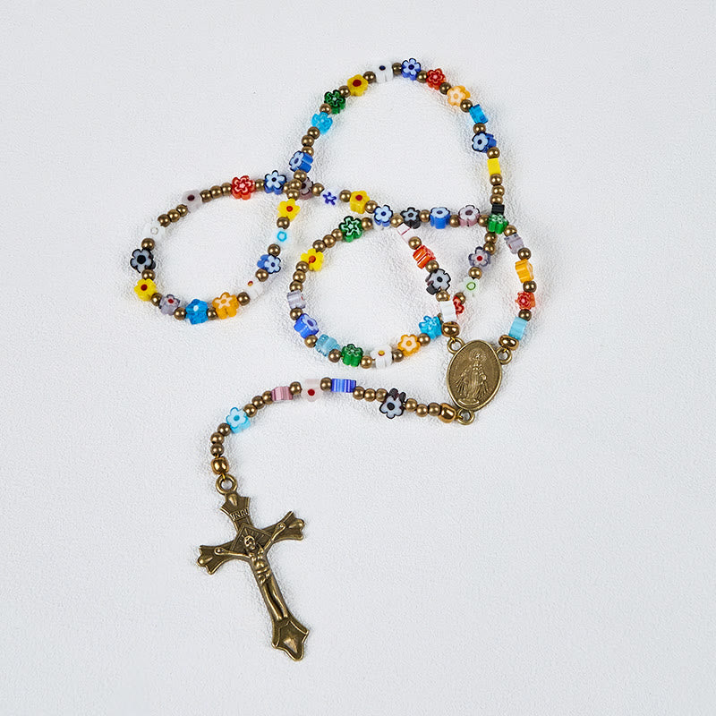 FREE Today: Virgin Mary & Crucifix of 4 mm Colorful Flower Glass Nylon Cord Rosary