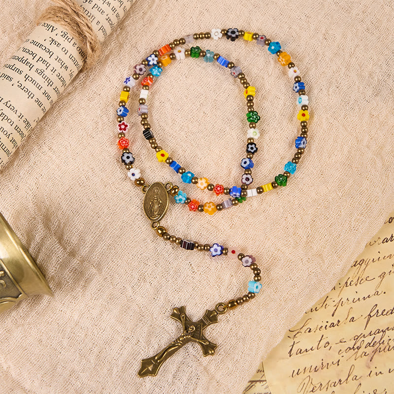 FREE Today: Virgin Mary & Crucifix of 4 mm Colorful Flower Glass Nylon Cord Rosary