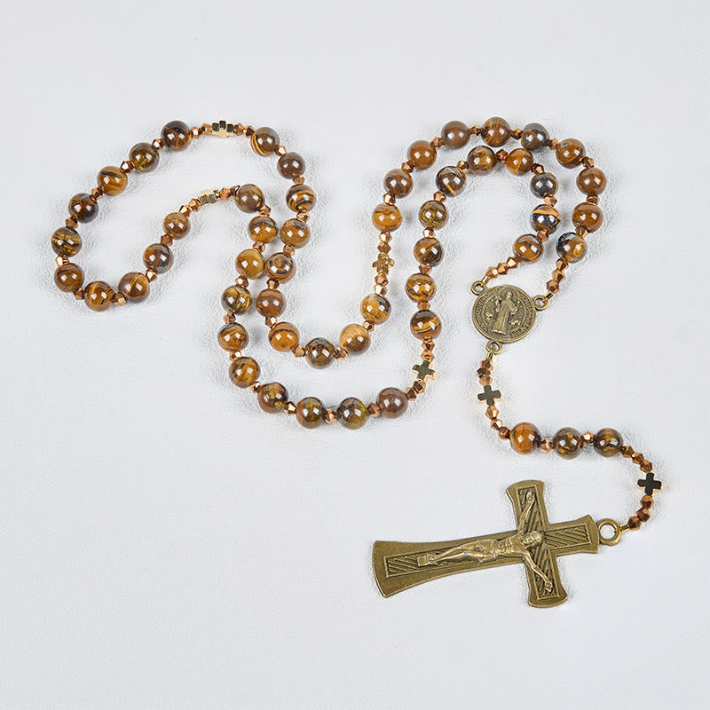 Christiandiscipleshop St. Benedict Medal & Crucifix of 8 mm Round Brown Tiger's Eye Alloy Chain Rosary