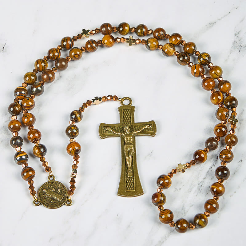 Christiandiscipleshop St. Benedict Medal & Crucifix of 8 mm Round Brown Tiger's Eye Alloy Chain Rosary