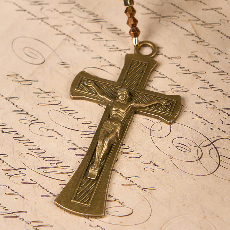 Christiandiscipleshop St. Benedict Medal & Crucifix of 8 mm Round Brown Tiger's Eye Alloy Chain Rosary