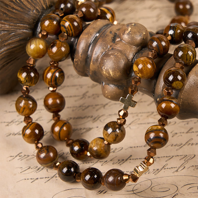Christiandiscipleshop St. Benedict Medal & Crucifix of 8 mm Round Brown Tiger's Eye Alloy Chain Rosary
