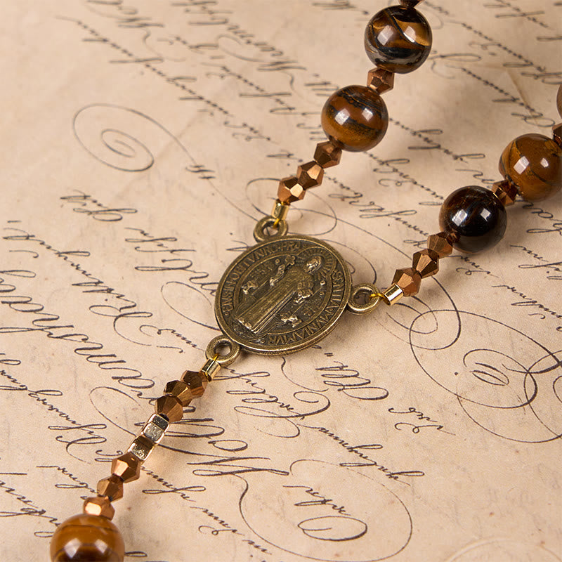 Christiandiscipleshop St. Benedict Medal & Crucifix of 8 mm Round Brown Tiger's Eye Alloy Chain Rosary