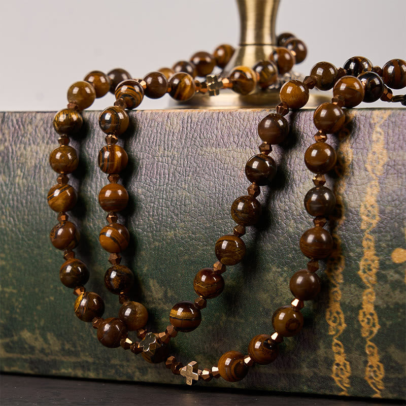 Christiandiscipleshop St. Benedict Medal & Crucifix of 8 mm Round Brown Tiger's Eye Alloy Chain Rosary