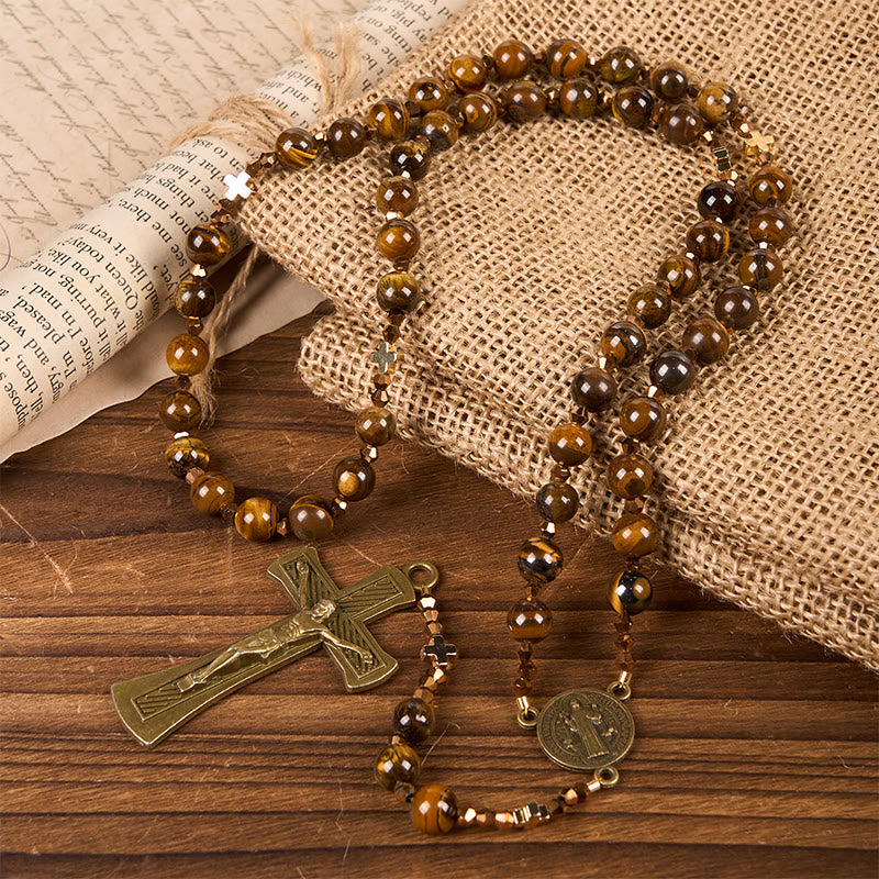 Christiandiscipleshop St. Benedict Medal & Crucifix of 8 mm Round Brown Tiger's Eye Alloy Chain Rosary