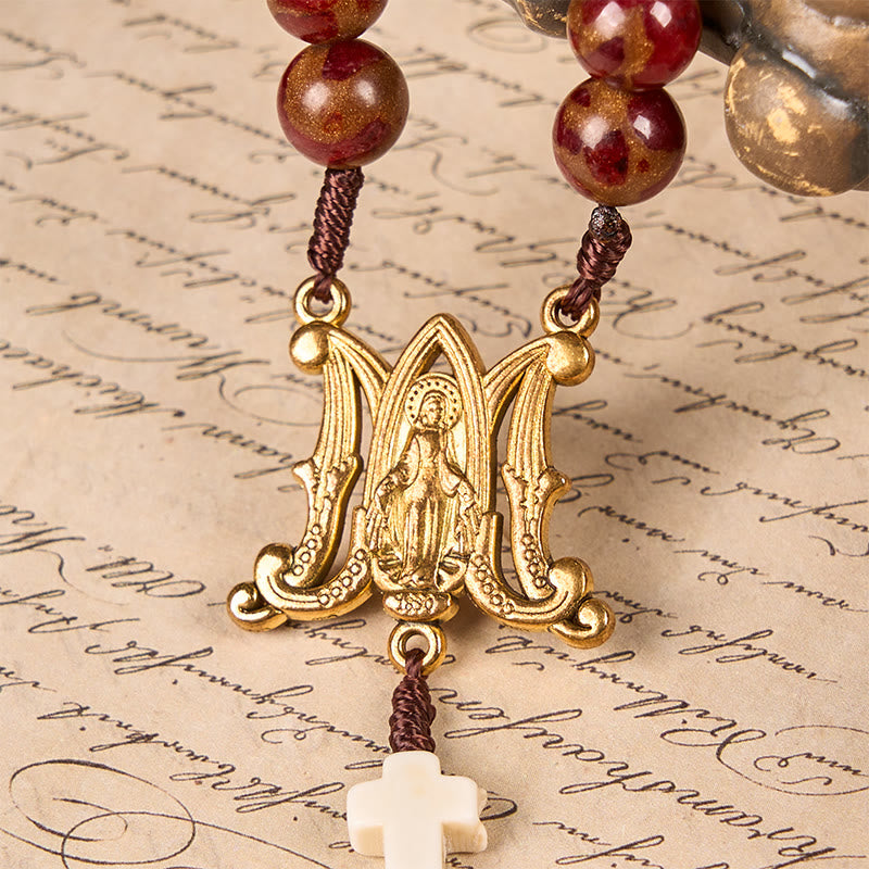 christiandiscipleshop Virgin Mary & Crucifix 8mm Red Gold Stone & Cross White Turquoise Handcrafted Rosary