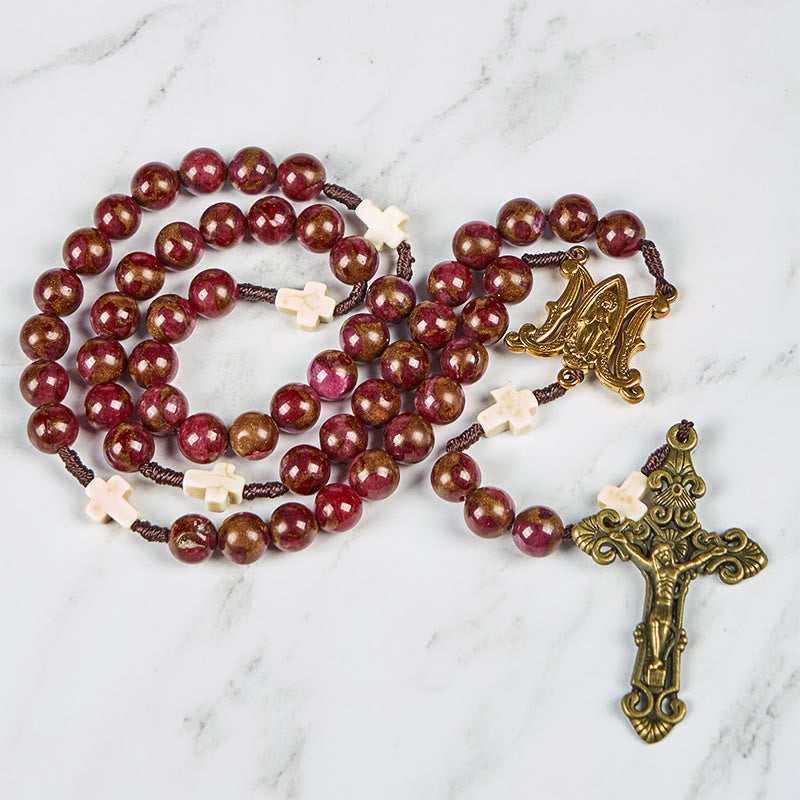 christiandiscipleshop Virgin Mary & Crucifix 8mm Red Gold Stone & Cross White Turquoise Handcrafted Rosary