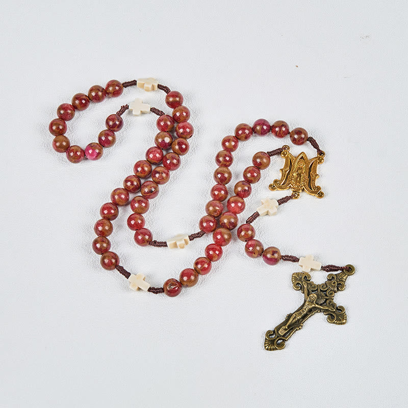 christiandiscipleshop Virgin Mary & Crucifix 8mm Red Gold Stone & Cross White Turquoise Handcrafted Rosary