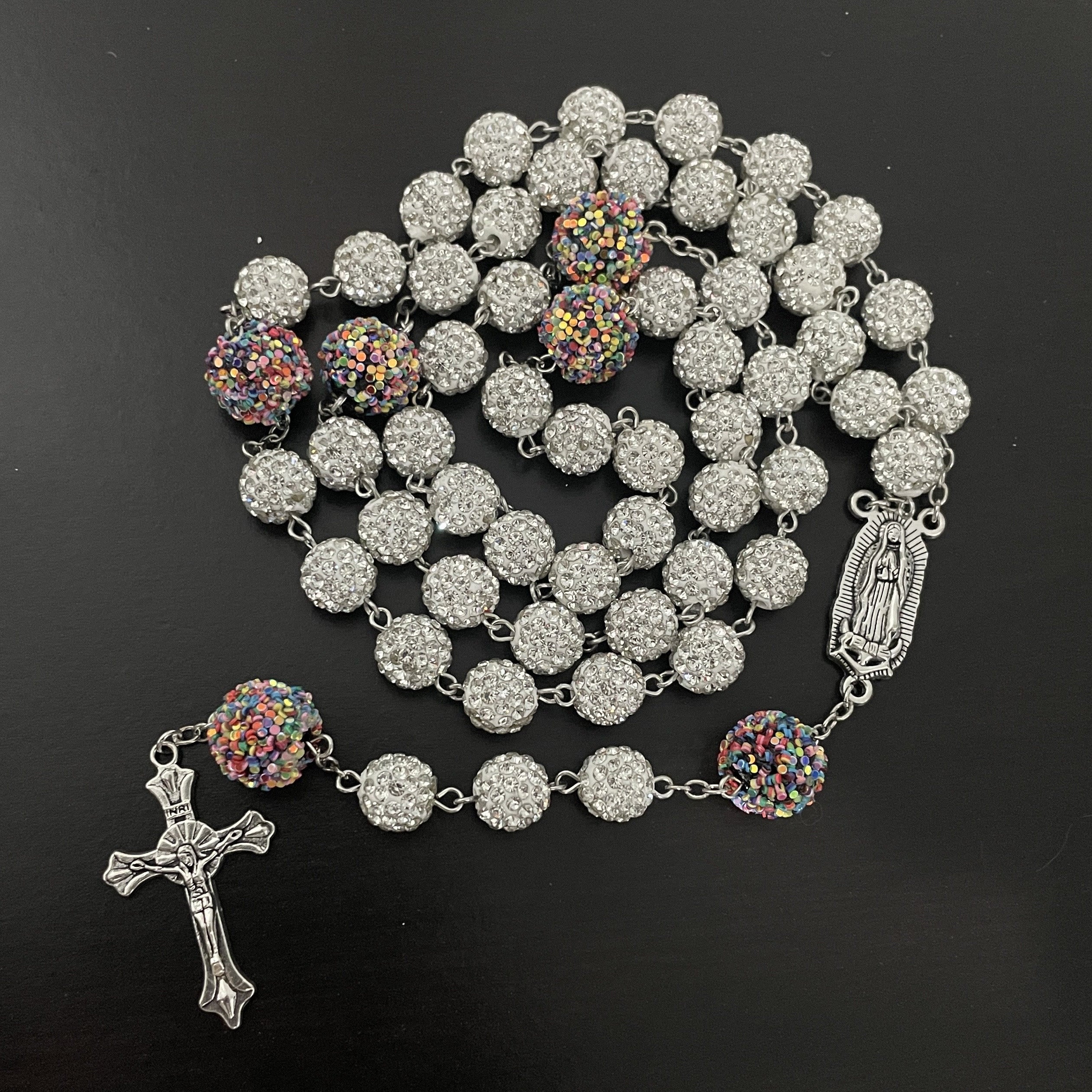 Christiandiscipleshop Our Lady of Guadalupe & Crucifix of 10mm Round White Rhinestone Alloy Chain Rosary