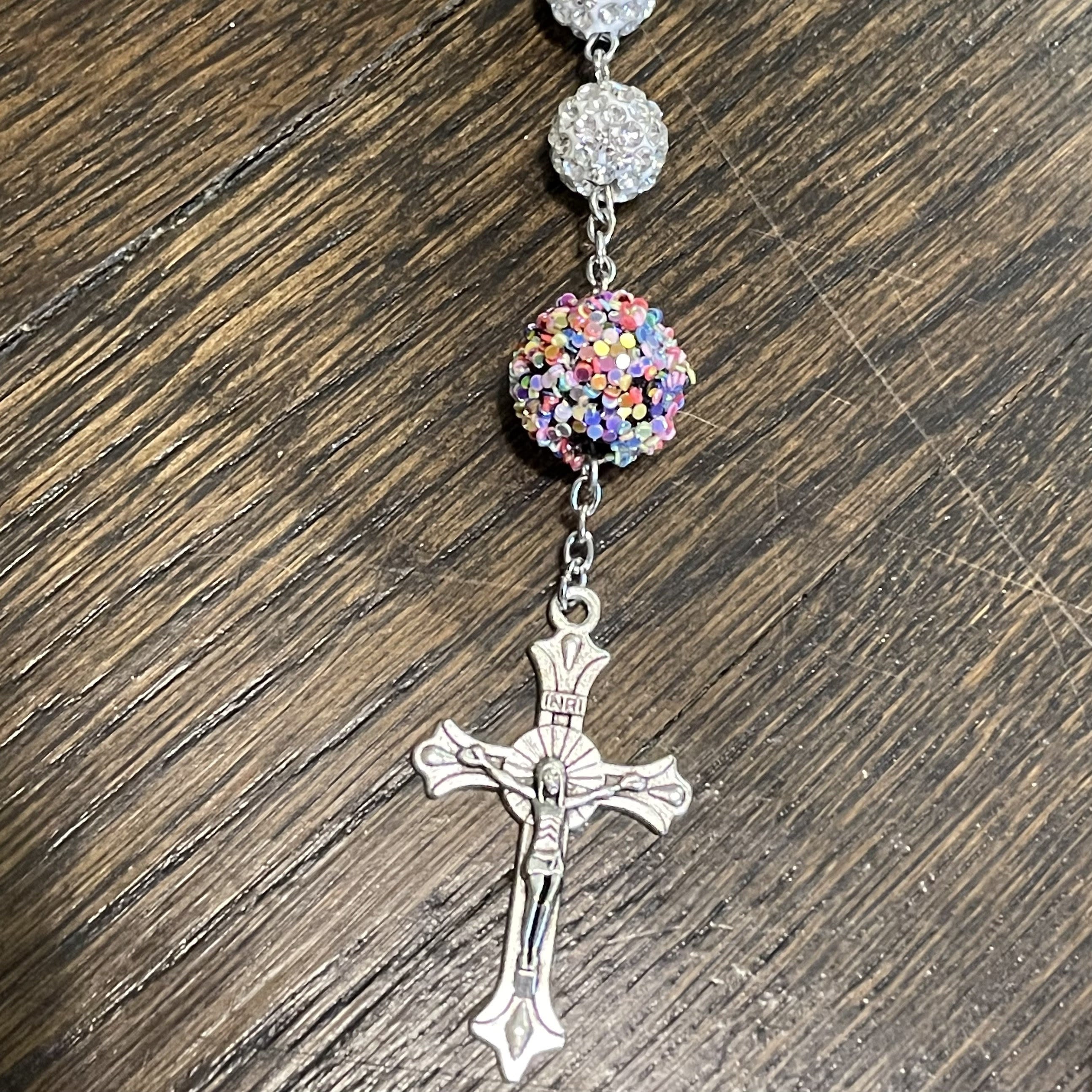 Christiandiscipleshop Our Lady of Guadalupe & Crucifix of 10mm Round White Rhinestone Alloy Chain Rosary