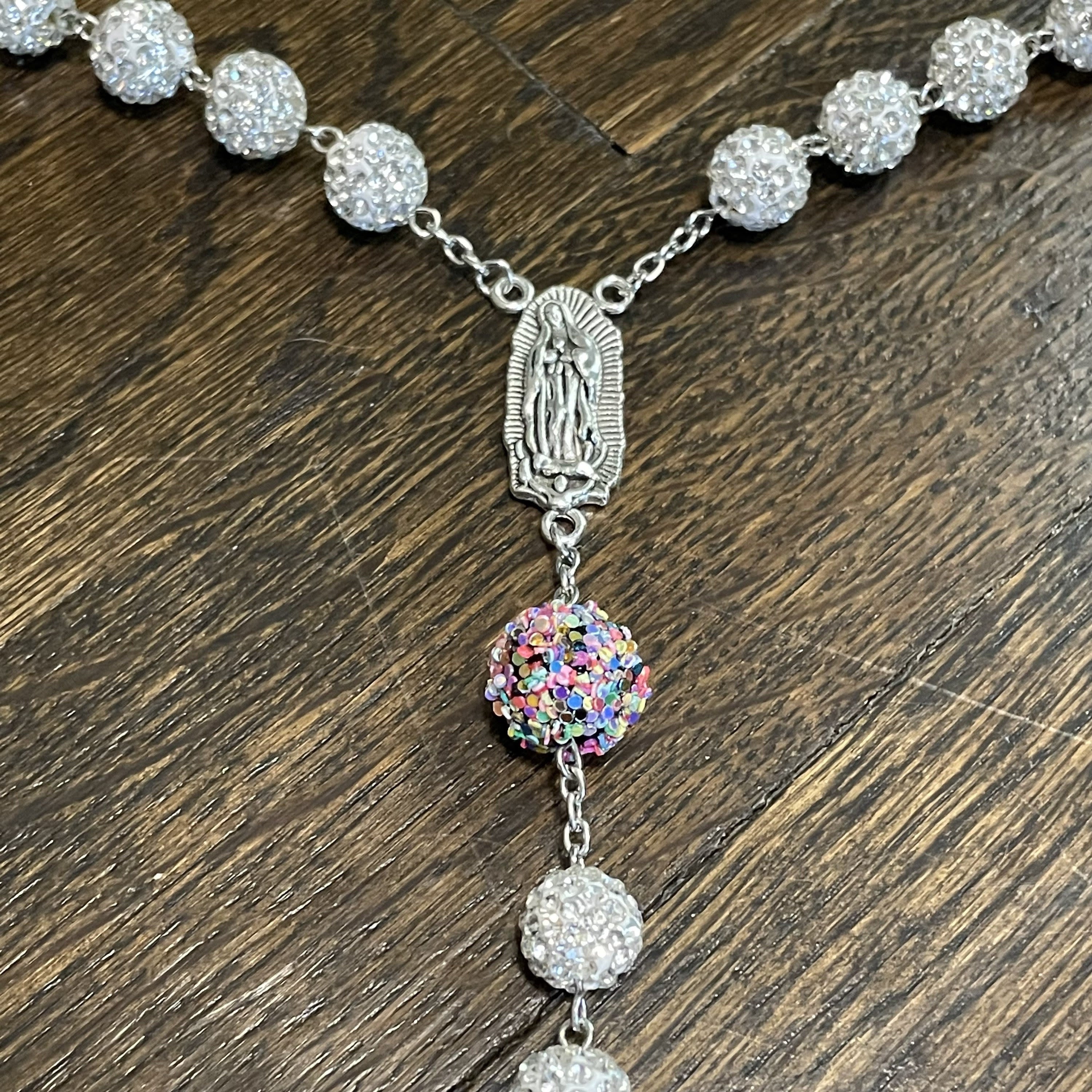 Christiandiscipleshop Our Lady of Guadalupe & Crucifix of 10mm Round White Rhinestone Alloy Chain Rosary