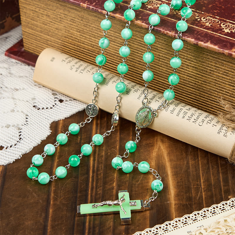 christiandiscipleshop Miraculous Medal & Crucifix of 8mm Luminous Bead Rosary for Night Praying