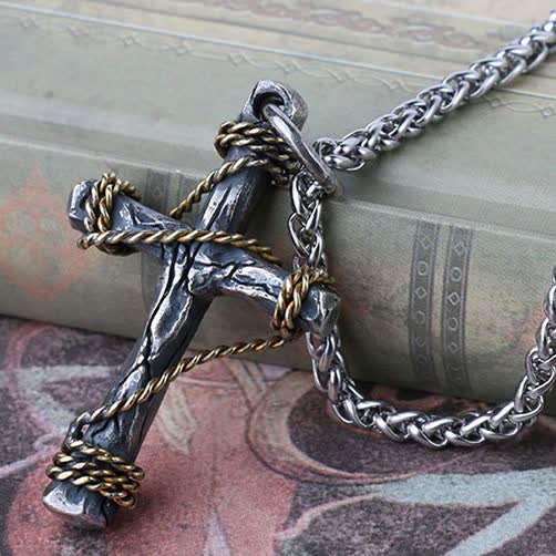 Christiandiscipleshop Exquisite 925 Sterling Silver and Brass Rope Forged Cross Necklace
