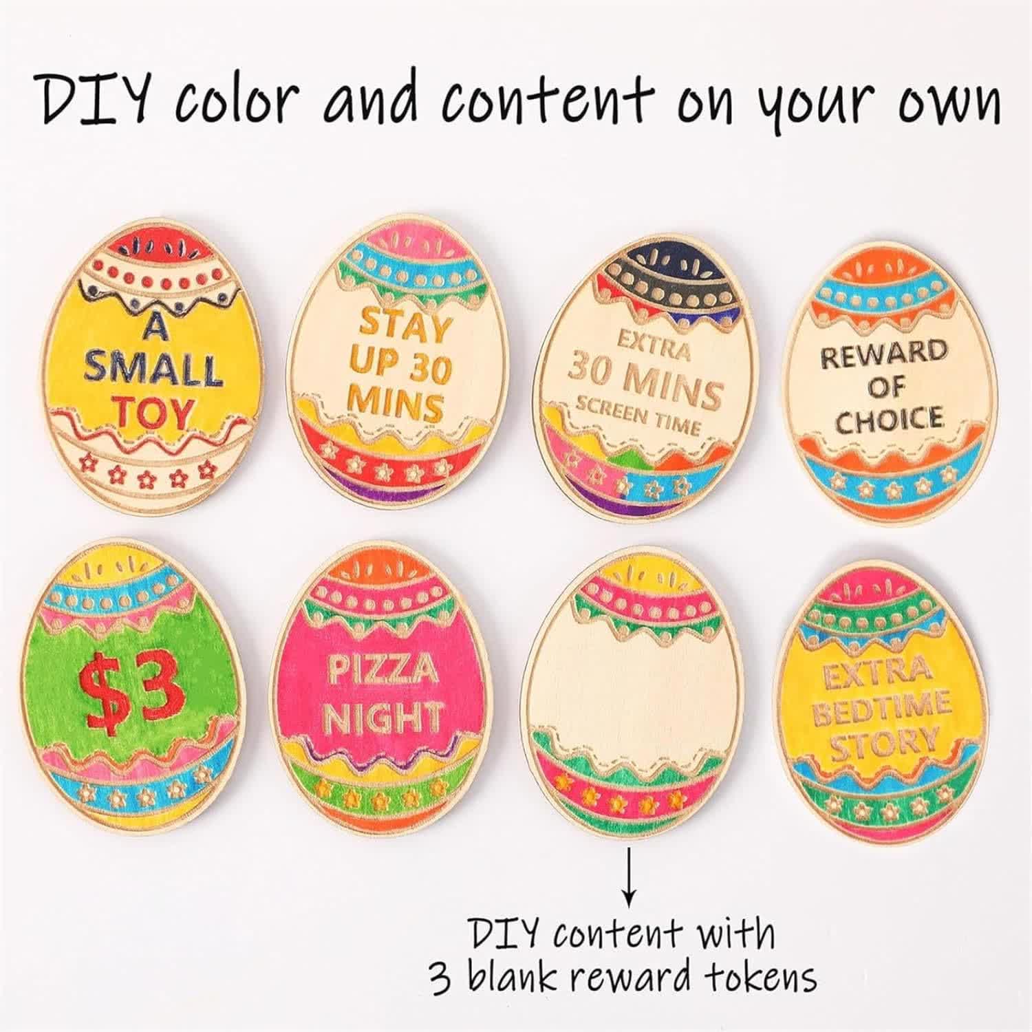 Christiandiscipleshop Easter Egg Rewards Set: 2pcs Colorful Shell with Wooden Prize Tokens
