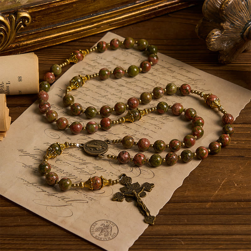 Christiandiscipleshop St. Benedict & Crucifix of 8mm Handmade Chrysocolla Stone Rosary - Exclusive Crafted for Holy Prayer
