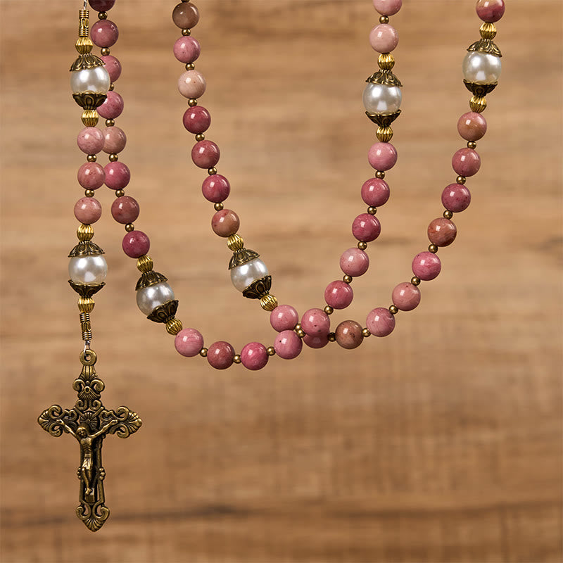 christiandiscipleshop Miraculous Medal & Crucifix of 8mm Natural Red Wood Vein Stone Handmade Rosary Beads
