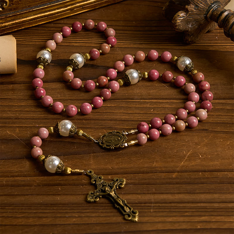 christiandiscipleshop Miraculous Medal & Crucifix of 8mm Natural Red Wood Vein Stone Handmade Rosary Beads