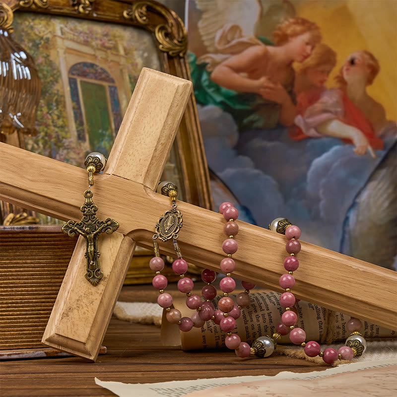 christiandiscipleshop Miraculous Medal & Crucifix of 8mm Natural Red Wood Vein Stone Handmade Rosary Beads