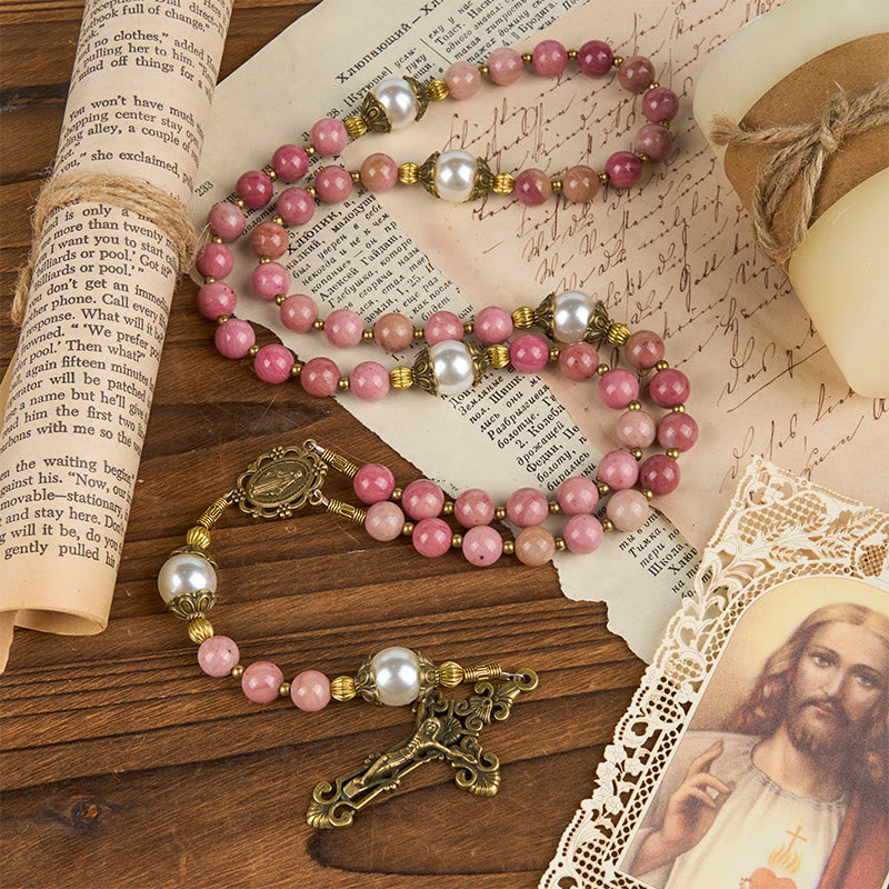 christiandiscipleshop Miraculous Medal & Crucifix of 8mm Natural Red Wood Vein Stone Handmade Rosary Beads