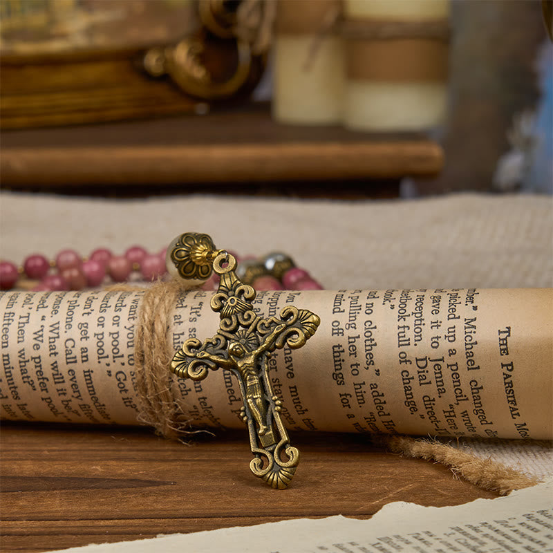 christiandiscipleshop Miraculous Medal & Crucifix of 8mm Natural Red Wood Vein Stone Handmade Rosary Beads