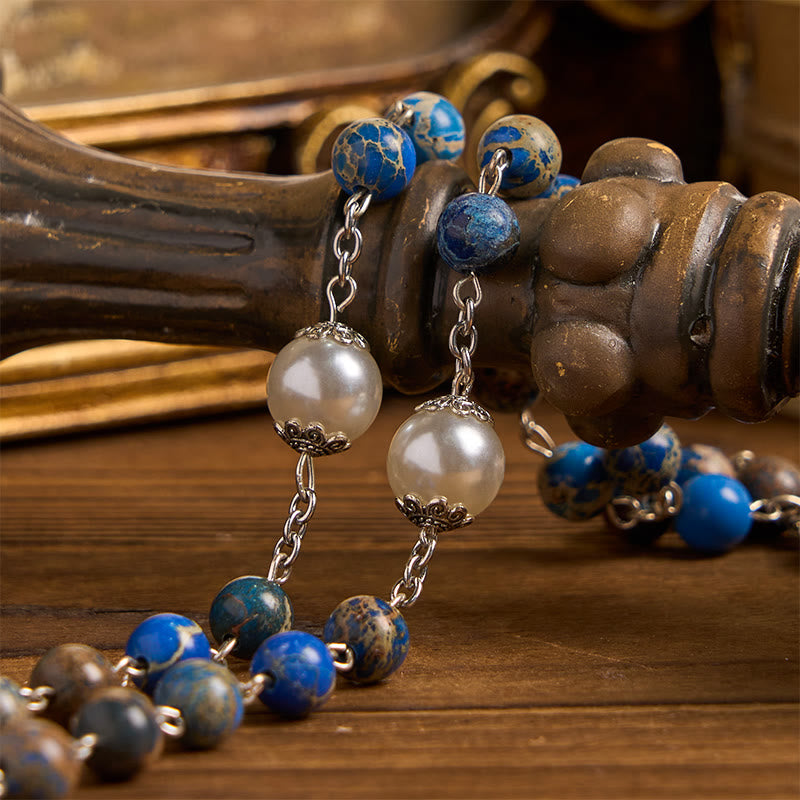 christiandiscipleshop Miraculous Medal & Crucifix of 8mm Deep Blue Imperial Stone Handmade Rosary for Daily Pray