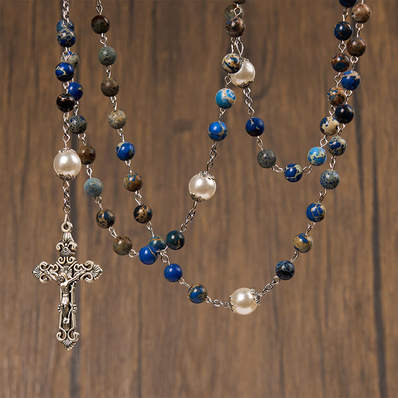 christiandiscipleshop Miraculous Medal & Crucifix of 8mm Deep Blue Imperial Stone Handmade Rosary for Daily Pray