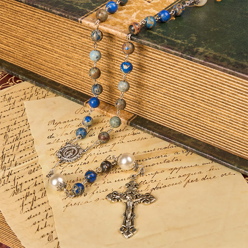 christiandiscipleshop Miraculous Medal & Crucifix of 8mm Deep Blue Imperial Stone Handmade Rosary for Daily Pray