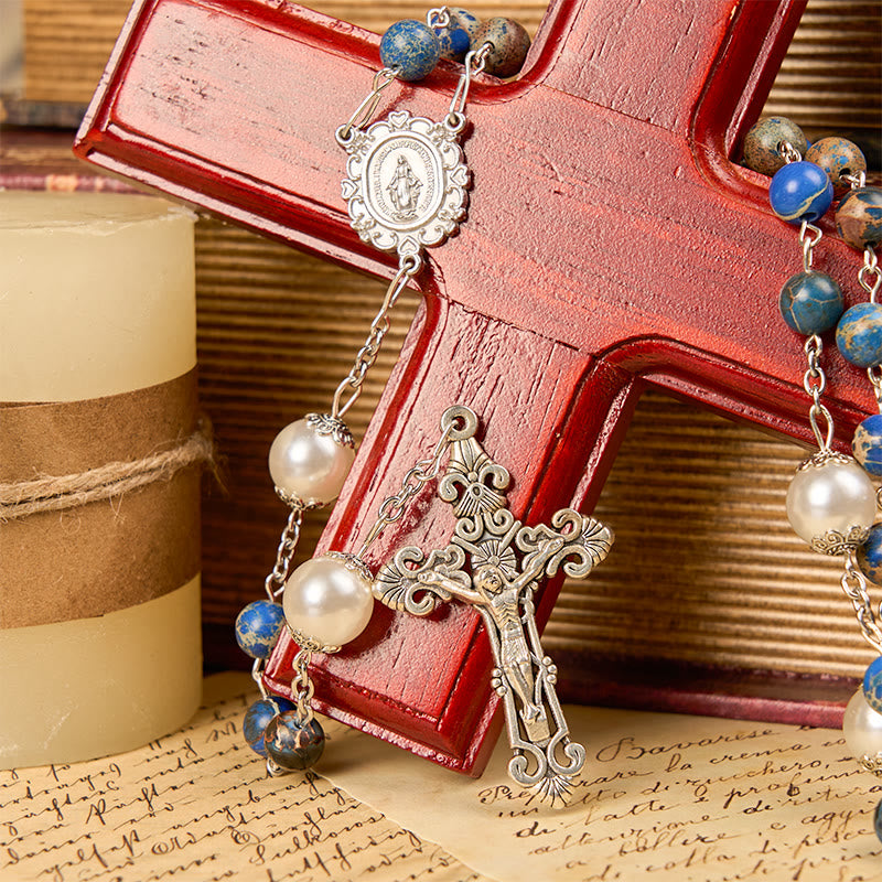 christiandiscipleshop Miraculous Medal & Crucifix of 8mm Deep Blue Imperial Stone Handmade Rosary for Daily Pray