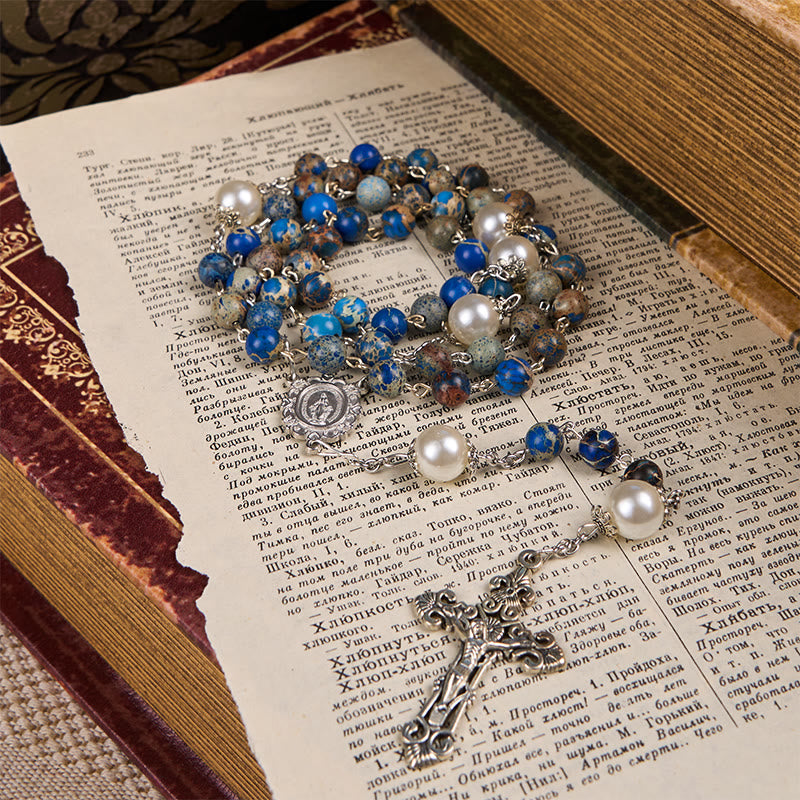 christiandiscipleshop Miraculous Medal & Crucifix of 8mm Deep Blue Imperial Stone Handmade Rosary for Daily Pray