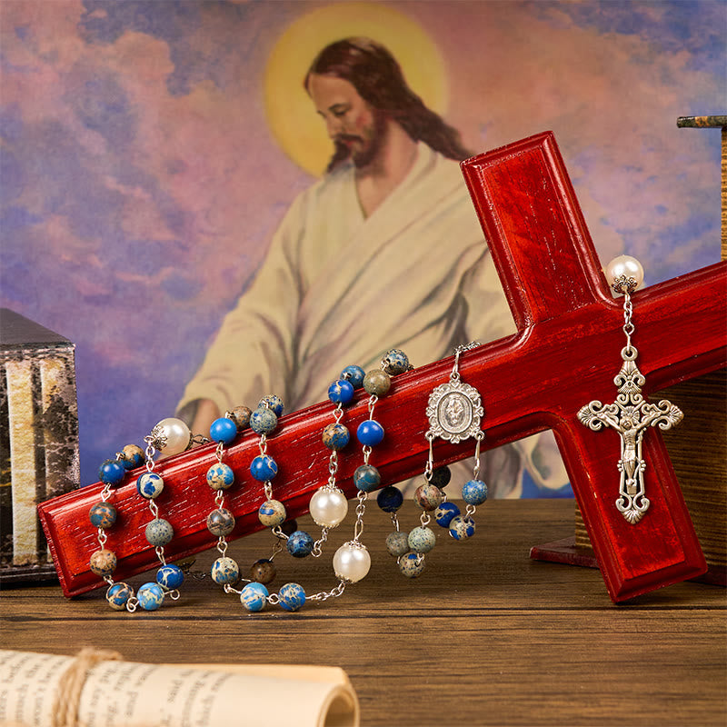 christiandiscipleshop Miraculous Medal & Crucifix of 8mm Deep Blue Imperial Stone Handmade Rosary for Daily Pray