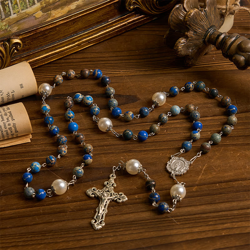 christiandiscipleshop Miraculous Medal & Crucifix of 8mm Deep Blue Imperial Stone Handmade Rosary for Daily Pray