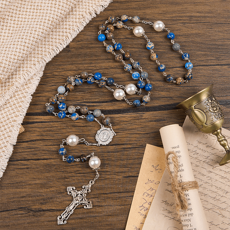christiandiscipleshop Miraculous Medal & Crucifix of 8mm Deep Blue Imperial Stone Handmade Rosary for Daily Pray