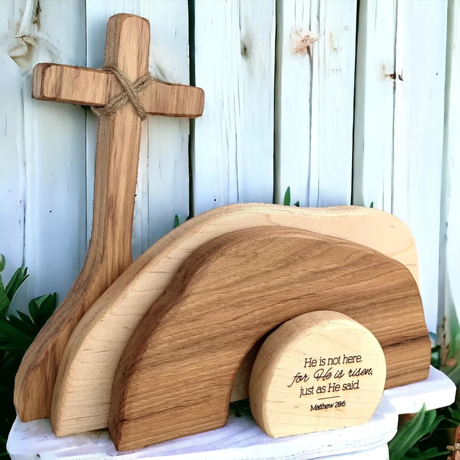 christiandiscipleshop He is Risen: Rustic Wooden Easter Resurrection Decor Set with Scripture Wall Art