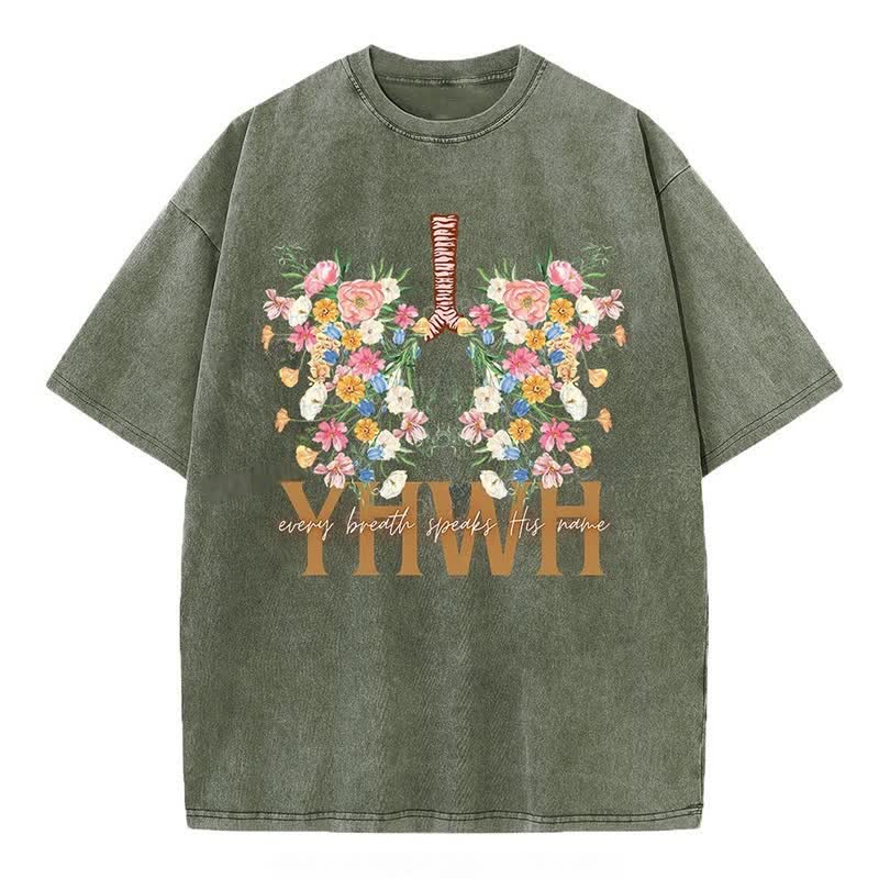 Christianartworkshop YHWH Floral Design Washed T-Shirt