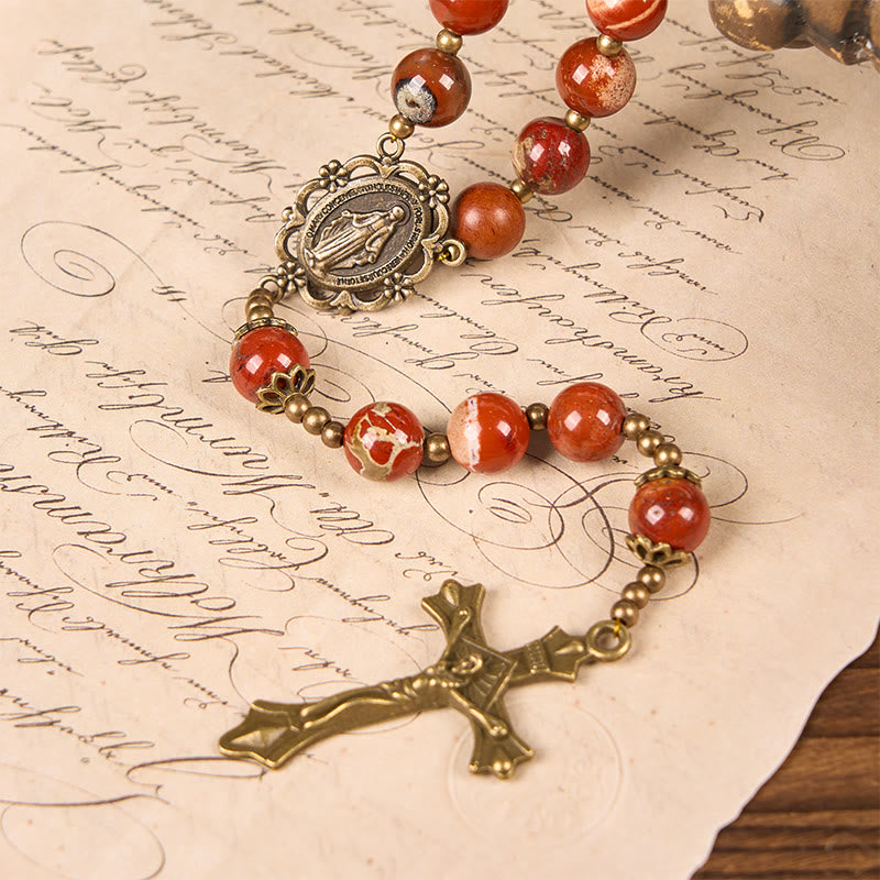 christiandiscipleshop Handmade 8mm Red Jasper Gemstone Rosary with Miraculous Medal & Crucifix