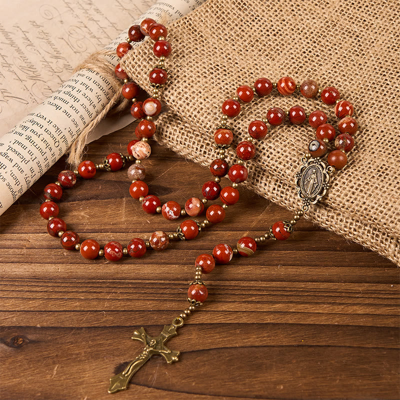 christiandiscipleshop Handmade 8mm Red Jasper Gemstone Rosary with Miraculous Medal & Crucifix