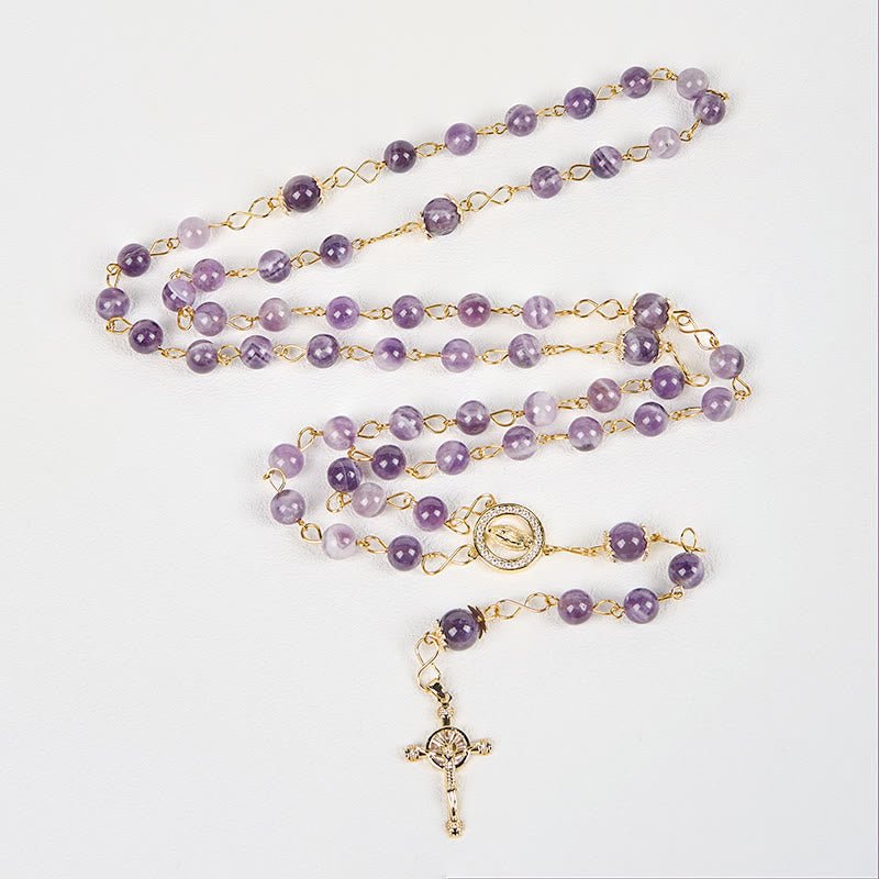 Christiandiscipleshop Our Lady of Guadalupe & Crucifix of 8mm Round Purple Crystal Rosary