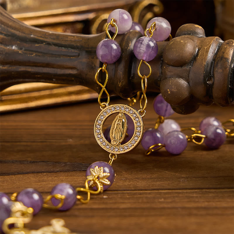 Christiandiscipleshop Our Lady of Guadalupe & Crucifix of 8mm Round Purple Crystal Rosary