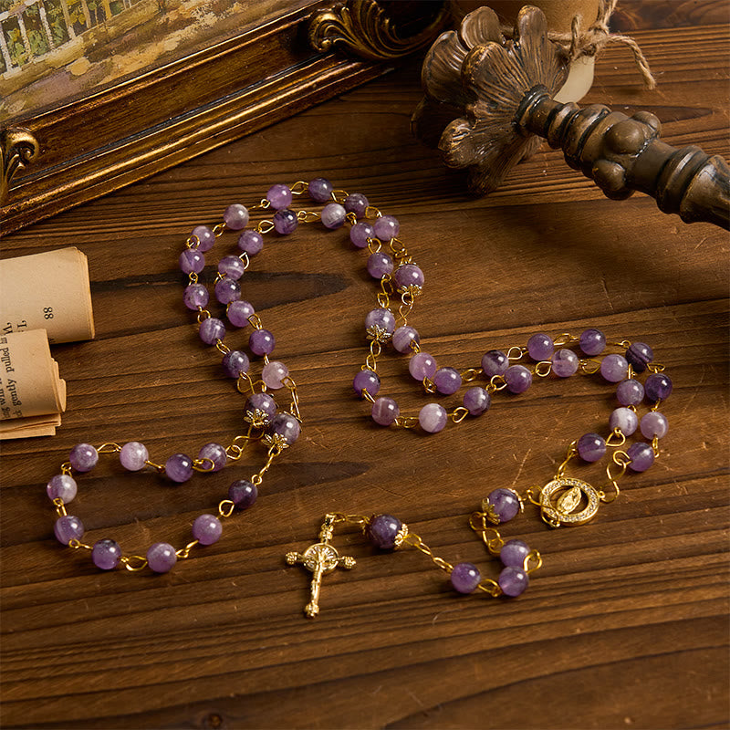 Christiandiscipleshop Our Lady of Guadalupe & Crucifix of 8mm Round Purple Crystal Rosary